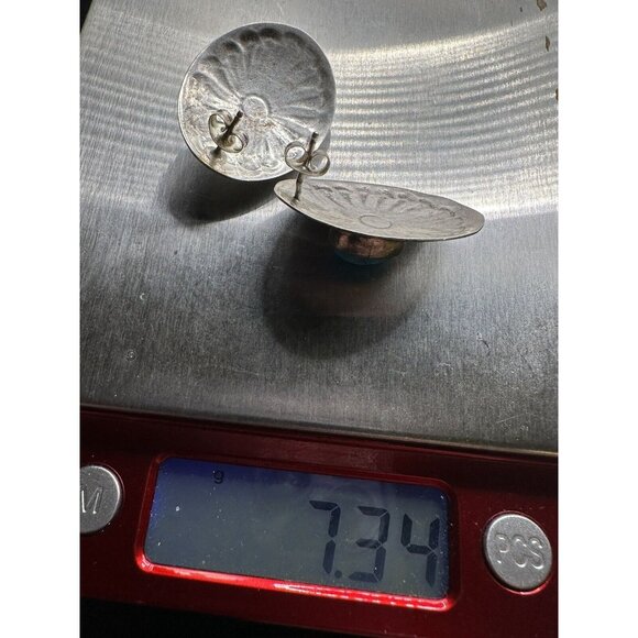 Vintage Navajo Sterling Silver Turquoise Hand-Stamped Concho Oval Post Earrings - Picture 7 of 7